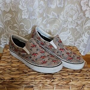Vans Plaid Slip-On Shoes with Red Floral Embroidery